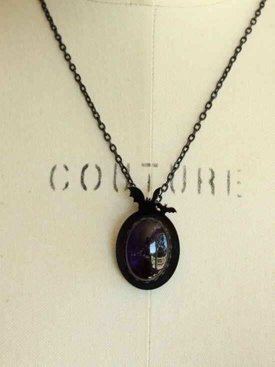 Goth Jewelry - Gothic Bat Cameo Necklace with Purple Amethyst Cabochon on Black Chain